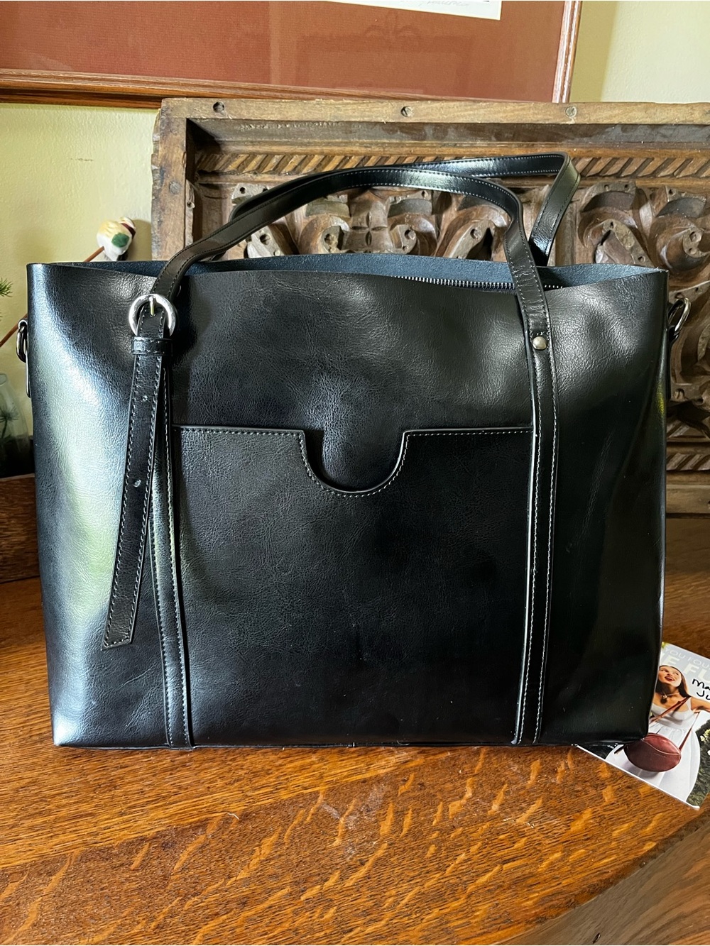 S-Zone Sleek Black Leather Tote with Front Slip Pocket
